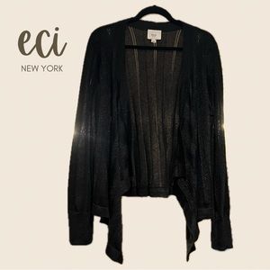 ECI New York Sweater Black & Silver Metallic Open Drape Front Cardigan Large